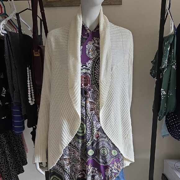 Guess Cream Rib Knit Open-Front Cardigan w Waterfall Cocoon Hem - Picture 1 of 7